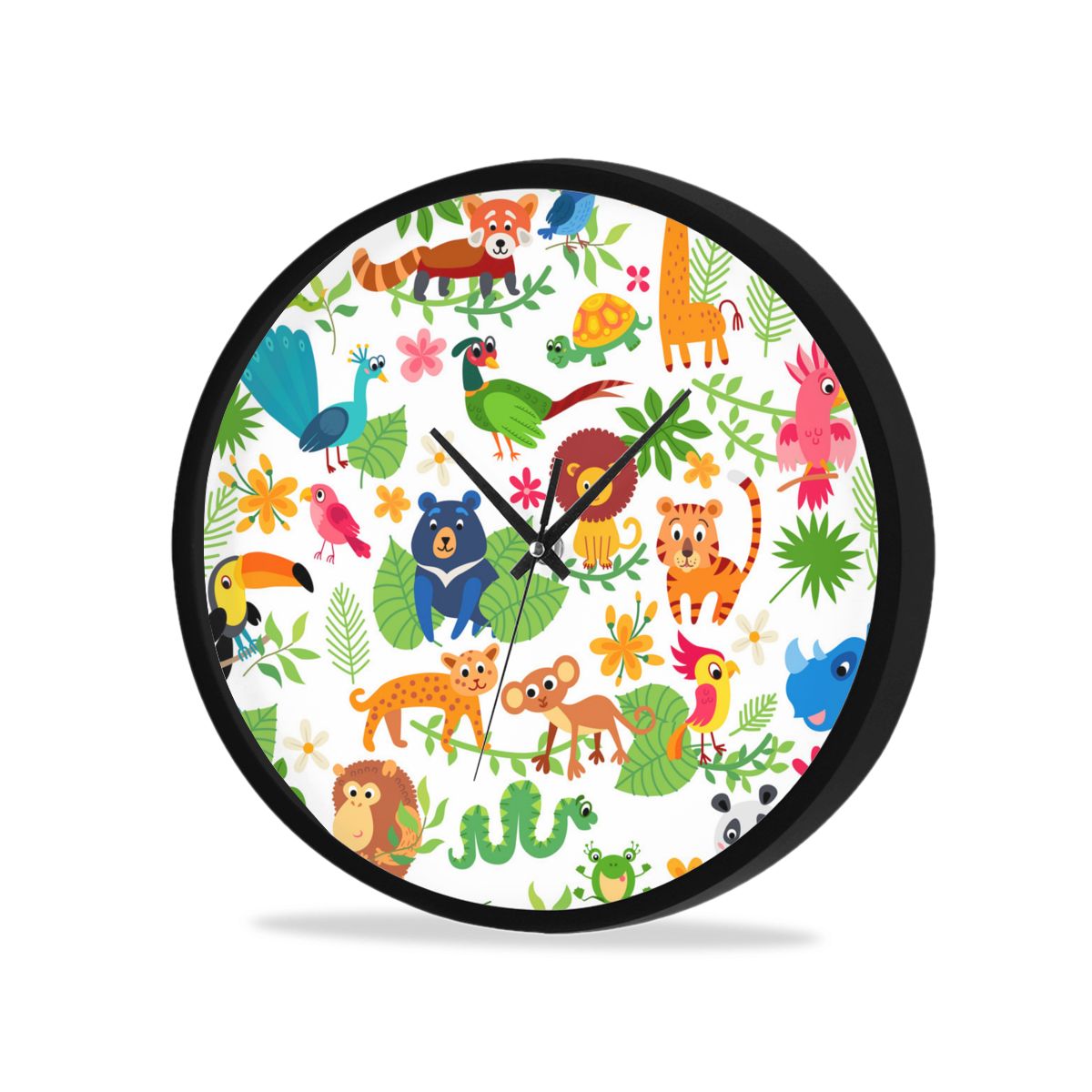 3D printing Animal World Zoo Round wall clock diy quartz watch still life clocks modern home decoration living room: Black5 / 25CM