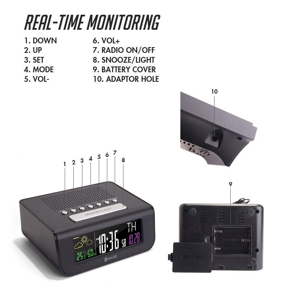 Digoo DG-FR100 sans fil réveil numérique capteur de prévisions météorologiques sommeil avec Radio FM écran coloré multifonctionnel