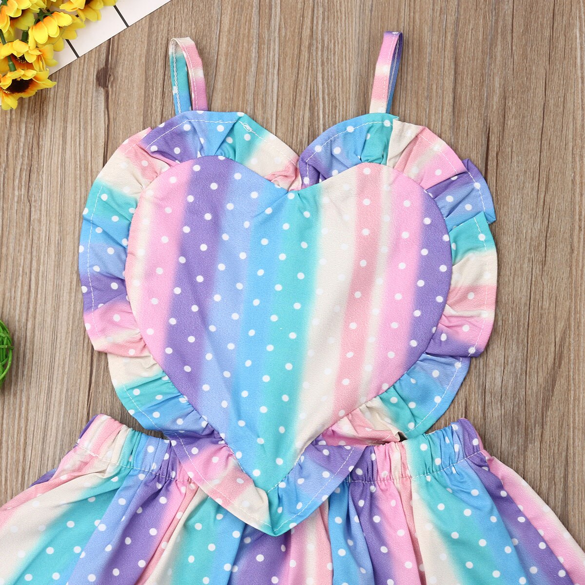 Baby Zomer Kleding Peuter Baby Meisjes Kleurrijke Jurk Liefde Regenboog Gestreepte Ruches Band Jurk Romper Outfit Kleding 1-5Y