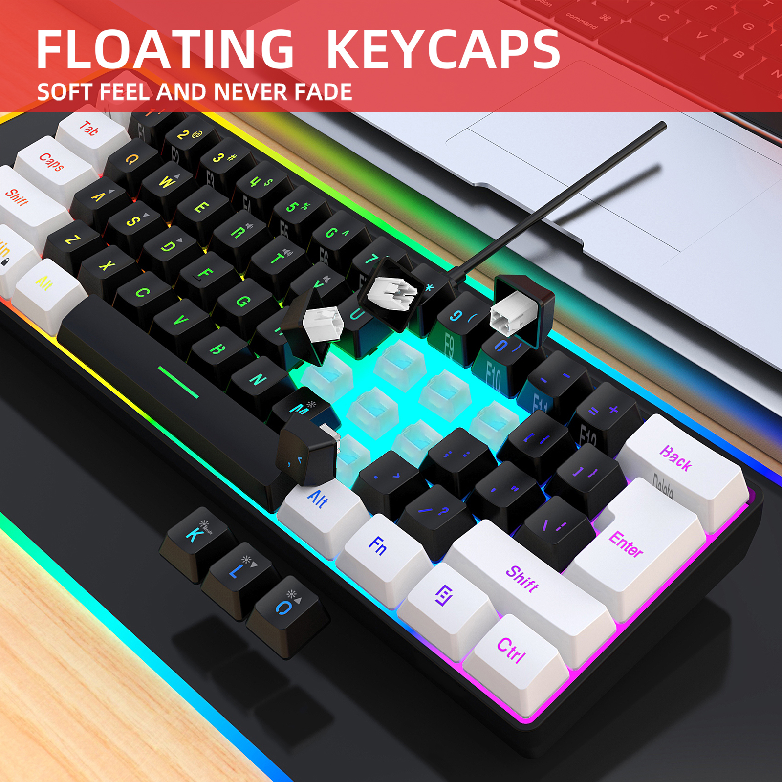 portable 61 key gaming keyboard 60% mini Gamer RGB backlit wired keyboard for laptop desktop computer pc
