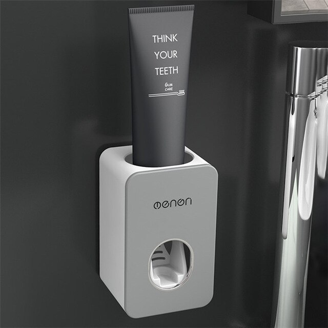 Toothbrush Holder Wall Mounted Automatic Toothpaste Dispenser Storage Rack Soft Toilet Brush Tissue Box Bathroom Accessories Set: Gray Extruder