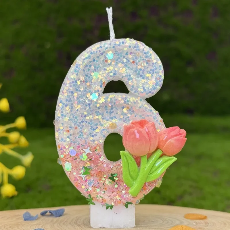 Pink Glitter Tulip Flower Candles for Birthday Party Anniversary Cake Decoration Atmosphere Decoration Photography Props: Wood