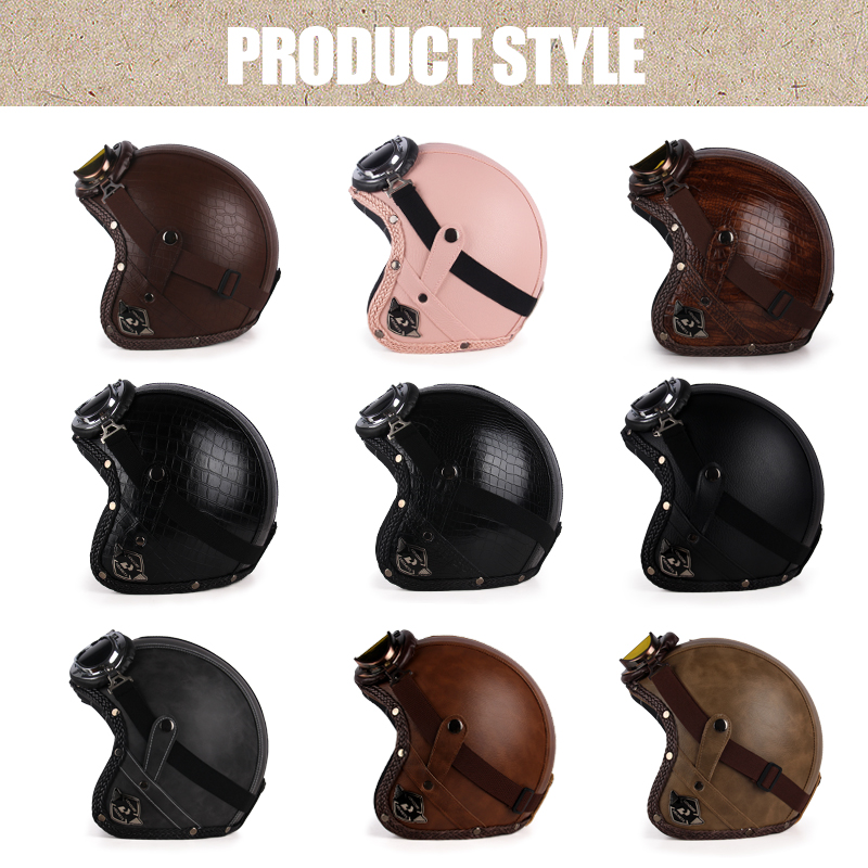 UCHOOSE retro Motorradhelm PU Leder offen Gesicht 3/4 Zerhacker Fahrradhelme klassisch Casco Moto Jahrgang