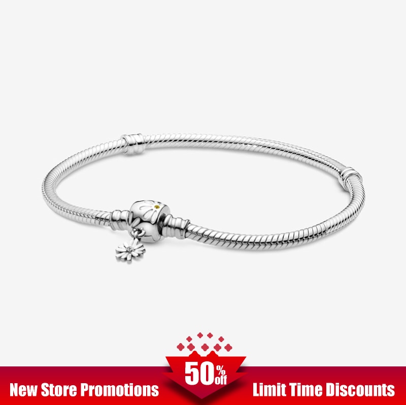 Pulsera de cadena de serpiente con broche de flor de Margarita plateada esterlina para mujer, joyería de plata de ley de cumpleaños para mujer