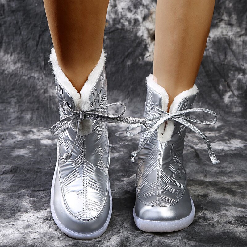 Rimocy Silver Fur Winter Warm Women Boots Long Plush Waterproof Platform Snow Boots Lace Up Plus Size 43 Ankle Boots Woman Shoes