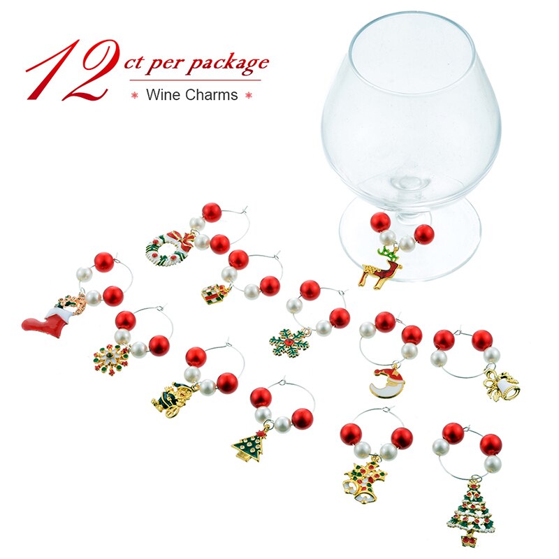 (Homemade) 12Pcs/set Christmas Party Glass Pendant Acrylic Beads Zinc Alloy Pendants Wine Glass Cup Ring Decorations Markers