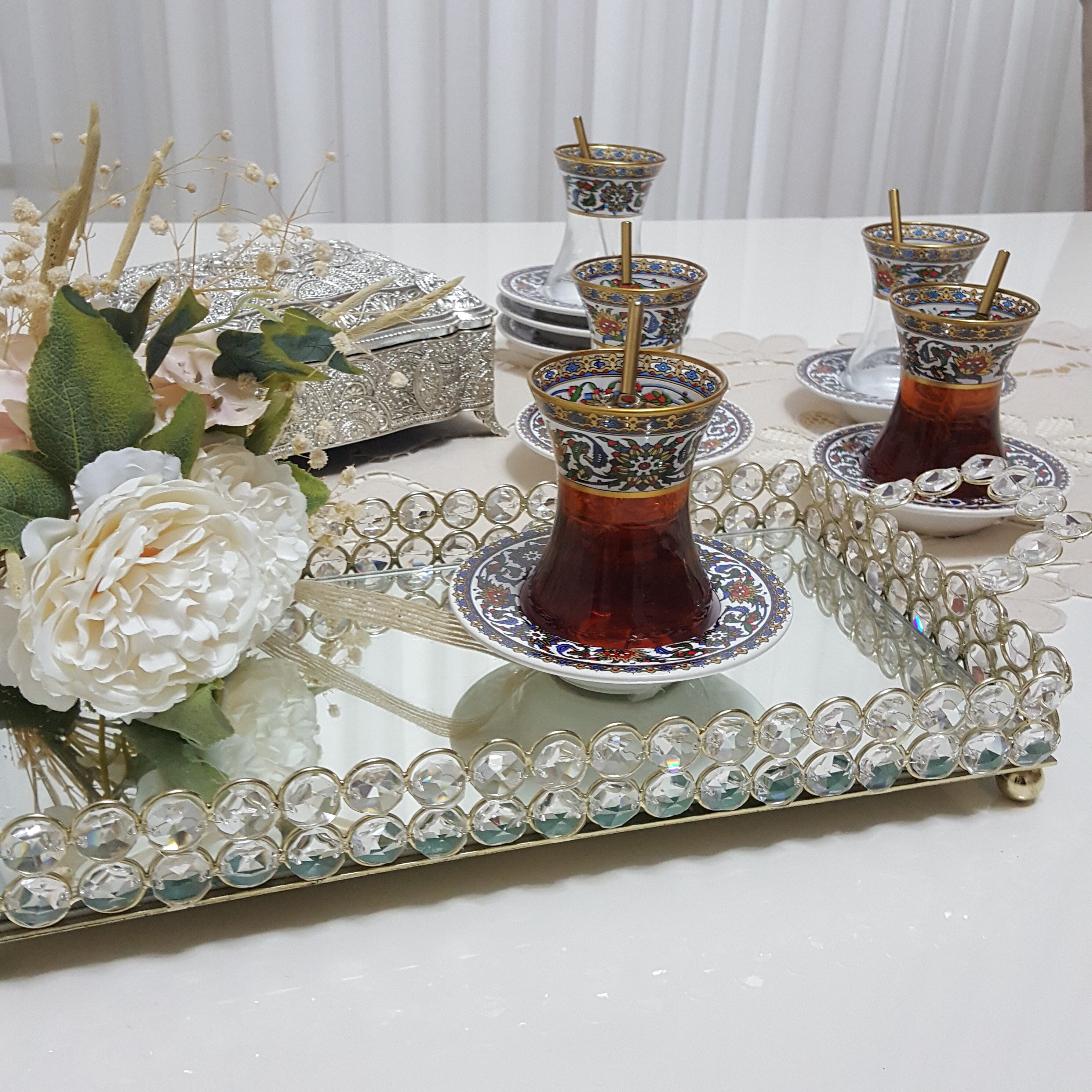 18 Pcs Turkish Tea Cups drinkware Tile Patterned Glass Arabic Tea Ware Porcelain Plate Glass Spoon expresso coffee tea set