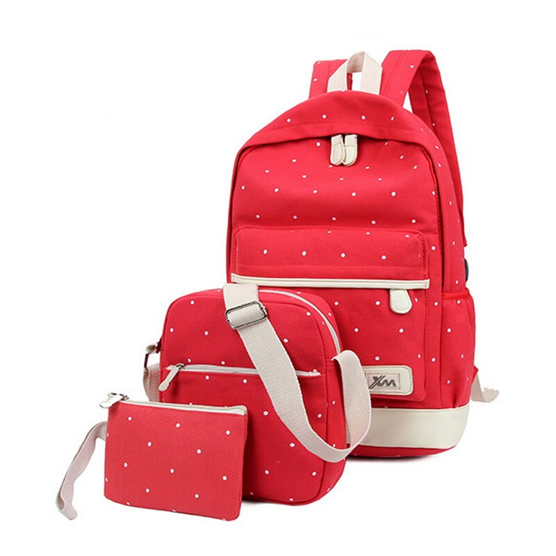 3 pièces/ensemble toile sac à bandoulière école vague Point sac de l'école étudiants école femme voyage sacs à dos: Watermelon red
