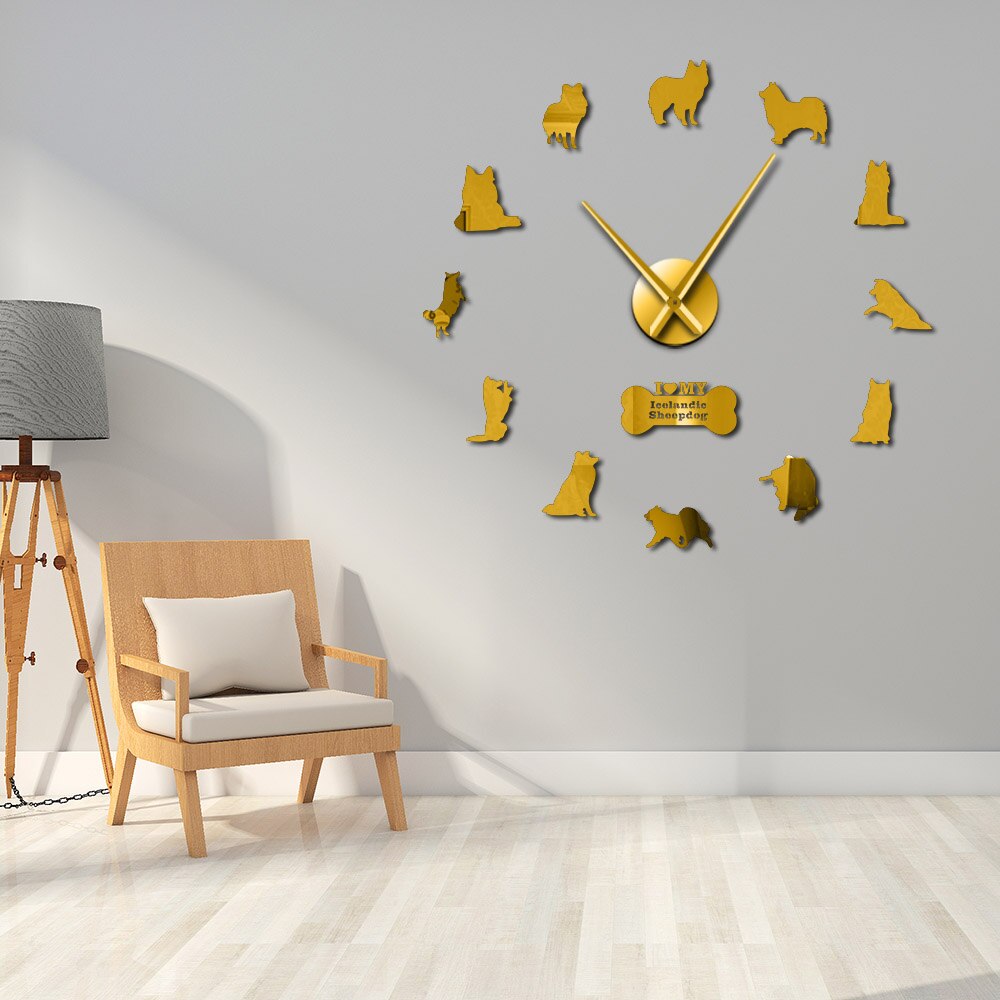 Grande horloge murale 3D suspendue en acrylique, grand décor scandinave de mouton, Surface de miroir, bricolage, Portrait de chiot pour amoureux des chiens, muet