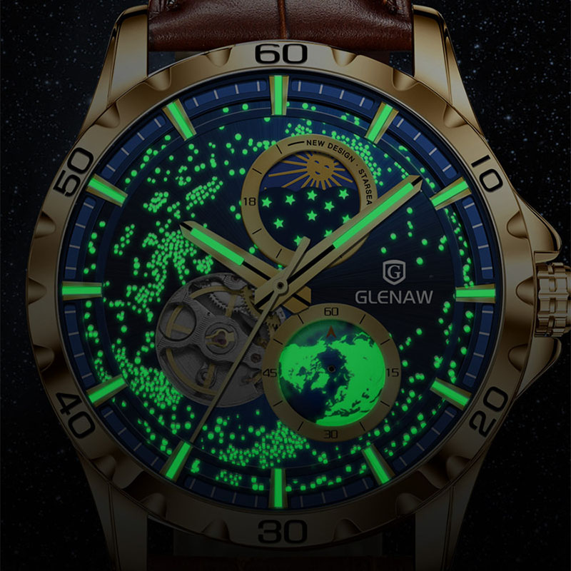 GLENAW Rotierende Erde Doppel Sekundenzeiger Armbanduhr Männer Automatische Mechanische Uhr Sternenhimmel Edelstahl Leder Armband