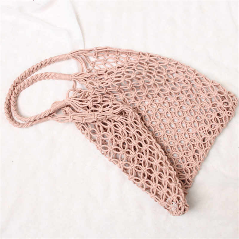 35X35Cm Mode Populaire Geweven Zak Mesh Touw Weven Tie Gesp Reticulate Hollow Strozak Geen Gevoerd Netto schoudertas: pink