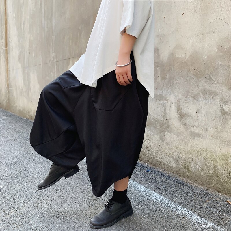 Men Dark Black Loose Harem Pant Japan Streetwear Hip Hop Punk Casual Pant Male Skirts Trousers
