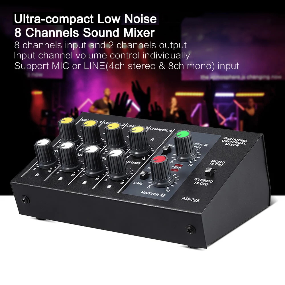 AM-228 Ultra Compact Audio Sound Mixer Mixing Console Low Noise 8 Channels Metal 6.35mm Interface Studio Mixer