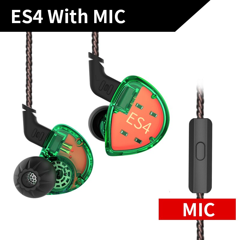 Kz  es4 in ohrhörer-monitor-headset mit dynamischen und armatur-treibern, hifi-bass, geräuschunterdrückung und ohrbügeln: Es4 grüne mikrofone