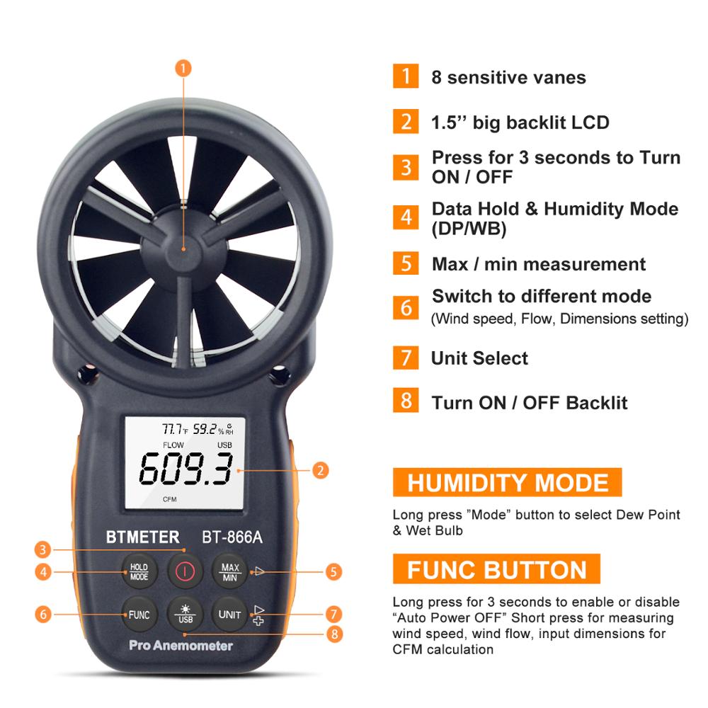 Anemómetro Digital de BT-866A, medidor CFM manual con conexión USB, medidor de flujo de aire, mide la temperatura del viento/velocidad del viento