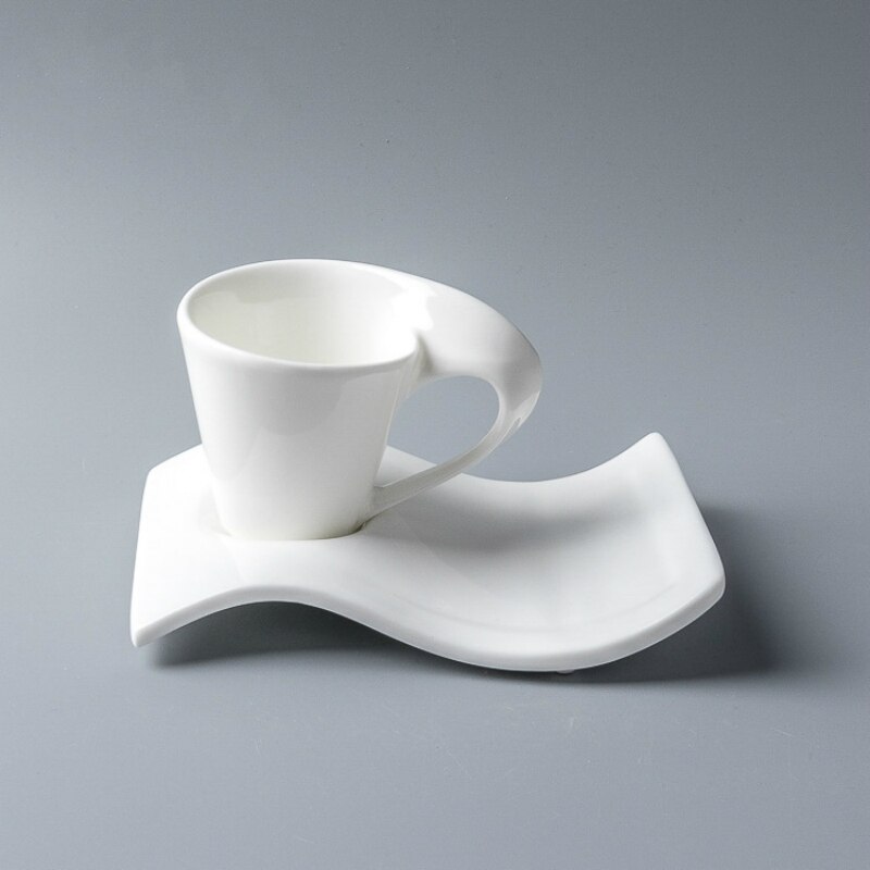 Modern Pure White Cafe Espresso Coffee Cup With Saucer Chinese Porcelain Wave cappuccino Expresso Mug Set Teacup: 80ml