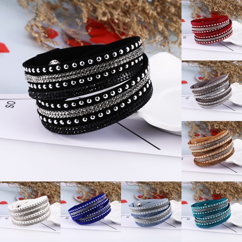 HOCOLE-Pulseras de cuero con abalorios de cristal para mujer, pulsera de diamantes de imitación multicapa, joyería femenina, de boda