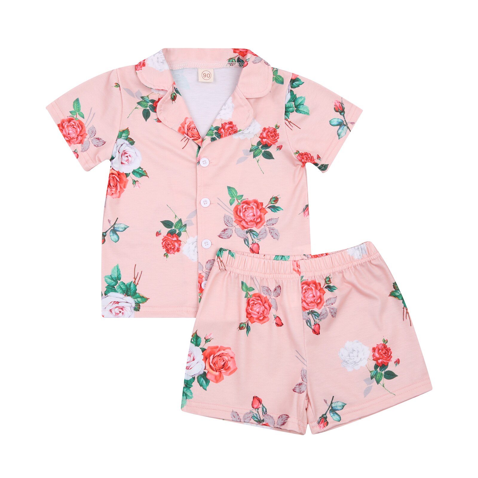 Children's Cartoon Print Pajamas Set Lapel Short Sleeve Casual Button T-shirt Cute Loose Shorts Set: C / 24M