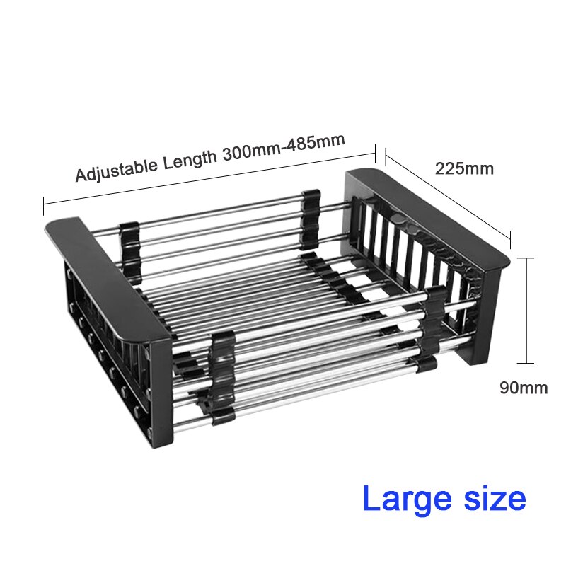 Kitchen Stainless Steel Sink Drain Rack 304 Dish Drying Rack Dish Insert Storage Organizer Fruit Vegetable Drainer Basket: Black L