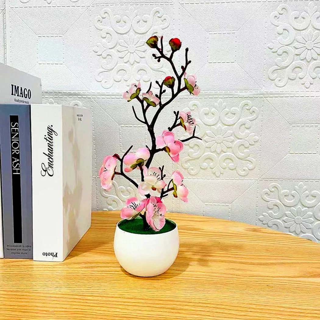 Plantes artificielles en pot 30x11cm, Simulation de bonsaï, fleur de prunier en soie, décoration de maison et de bureau, branche de fleur de prunier pour mariage ﻿: Rose