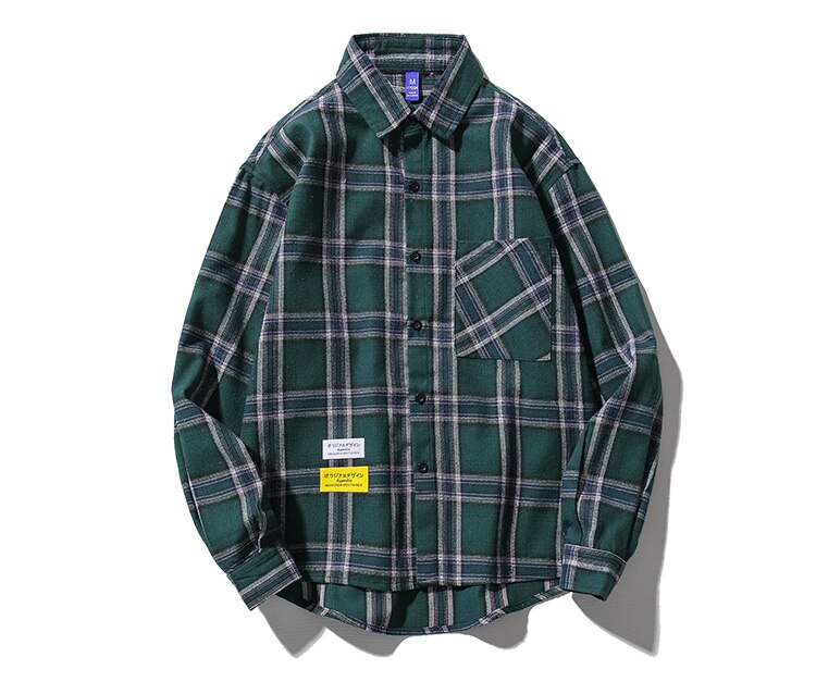 men's shirt loose single-breasted plaid shirt cotton long-sleeved casual spring and summer men's plus size shirt 5XL: Green / M