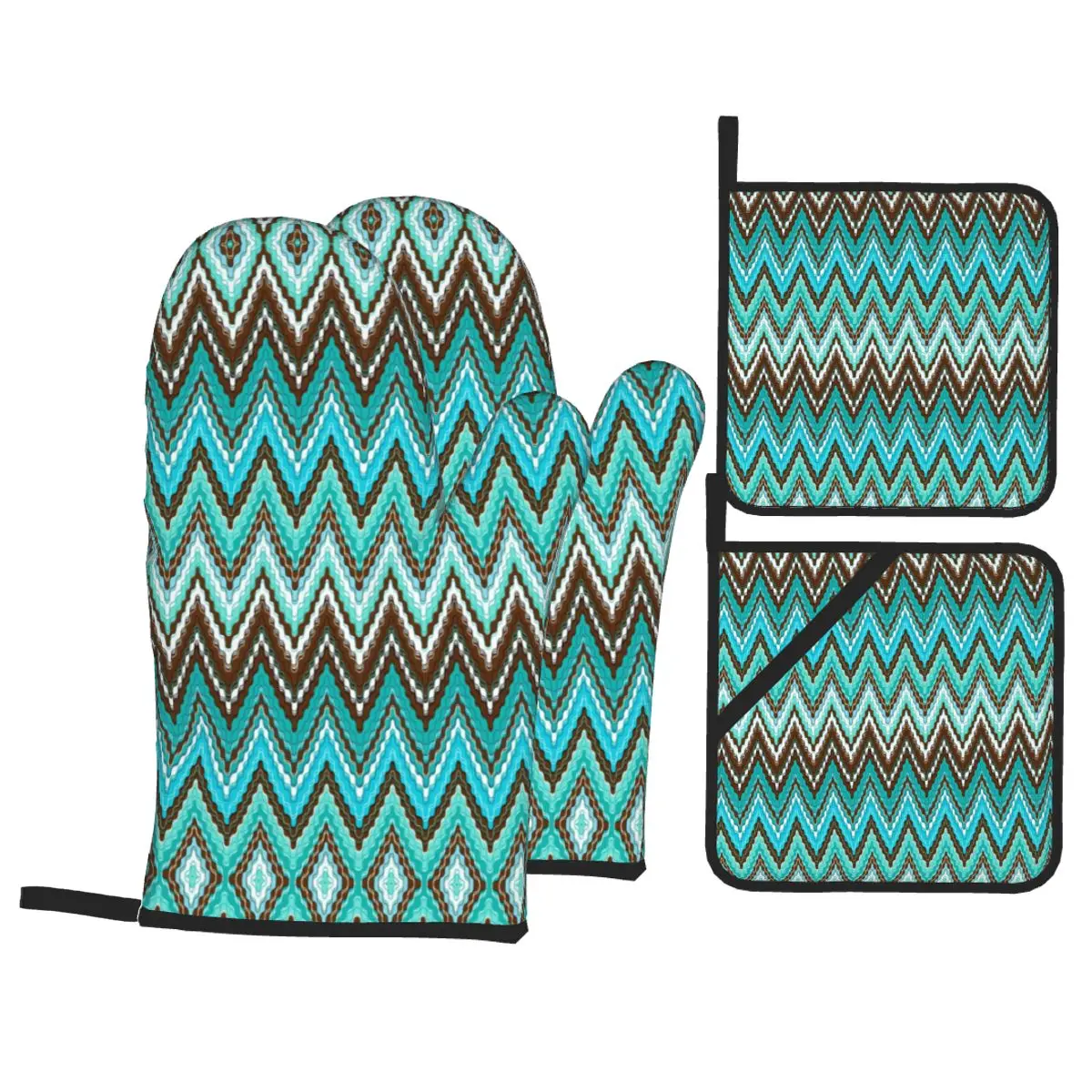 ZigZag Oven Mitts and Pot Holders 4pcs Set for Baking Cooking Non-Slip Heat Resistant Geometric BBQ Kitchen Gloves Potholders: Rose Red
