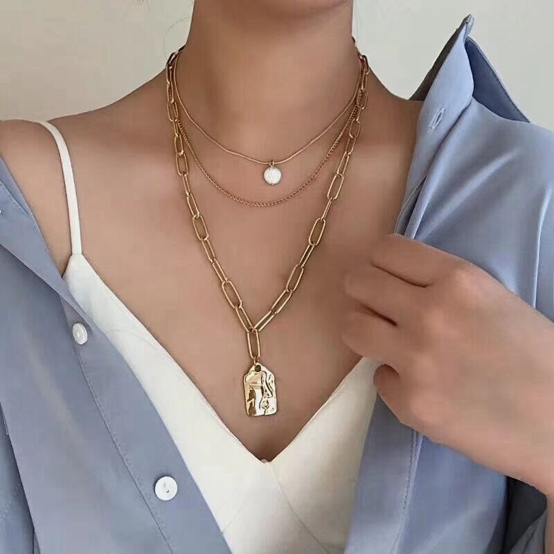 VKME Trendy Perle Gold Multi Schicht Kette Halskette Für Frauen Vintage Böhmischen Ketten Geometrie Anhänger Choker Halsketten Schmuck