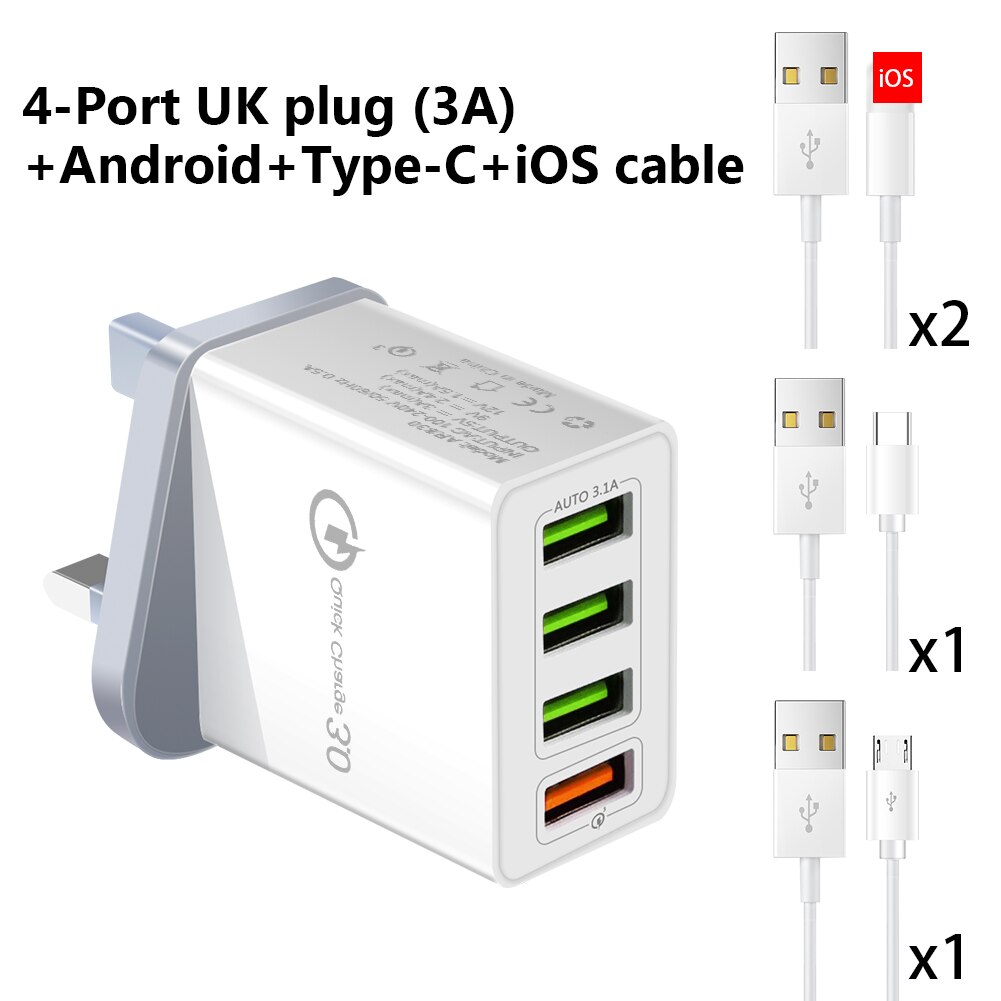 QC 3.0 USB Wall Chargerpower Fast Charging Charger Phone Adapter Portable Wall Mobile Phone Charger UK Plug For Tablet IPad: 1Charge 4Cable / 4U