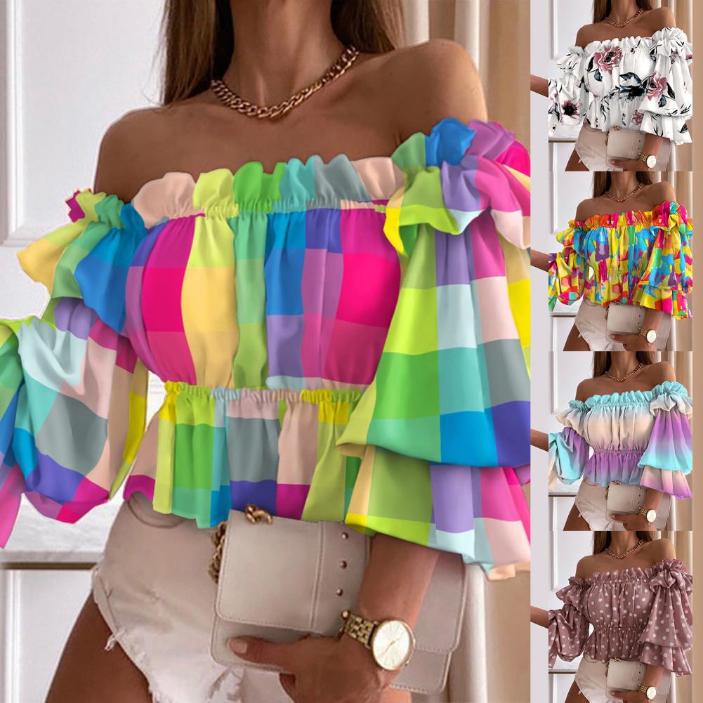 Sexet sommertop med flare-ærmer og off-shoulder-fløjlsskjorte med blomsterprint og let skjorte til hverdagsbrug