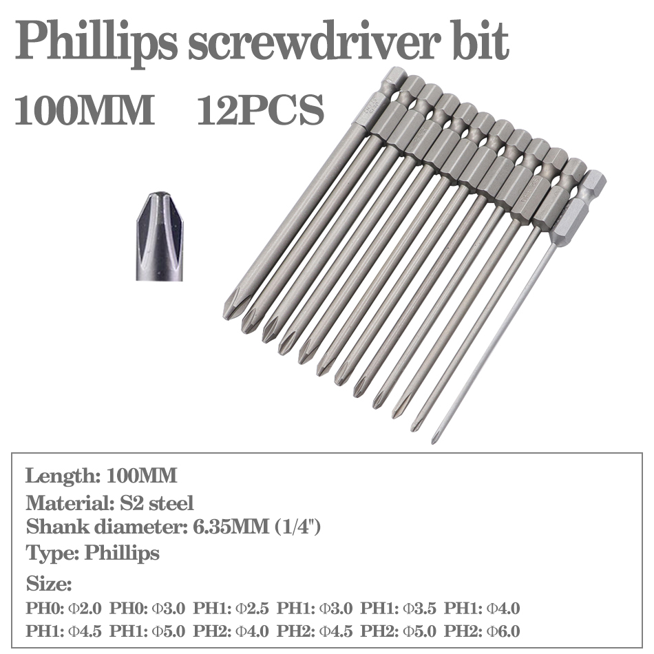 12pcs/15pcs 50mm 75mm 100mm 150mm Phillips screwdriver bit S2 alloy steel with magnetic screwdriver bit PH0 PH1 PH2: PURPLE