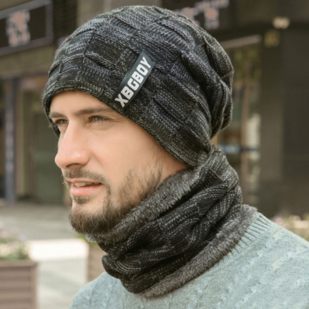 HT2678 Mannen Gebreide Muts Dikke Warme Fleece Gevoerde Mannen Hoed Sjaal Set Herfst Winter Winddicht Beanie Muts En Sjaal Winter accessoires: Dark Gray