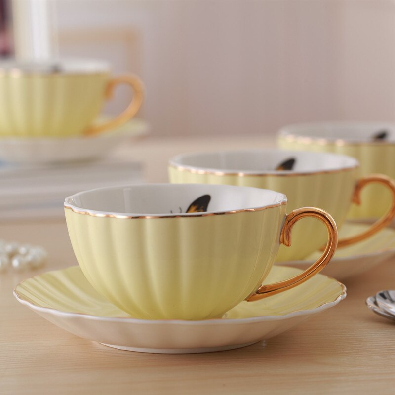 Coffee Mug Pink Cute Porcelain Cup and Saucer Ceramics Simple Tea Modern Water Cups Best: Yellow2 with pattern