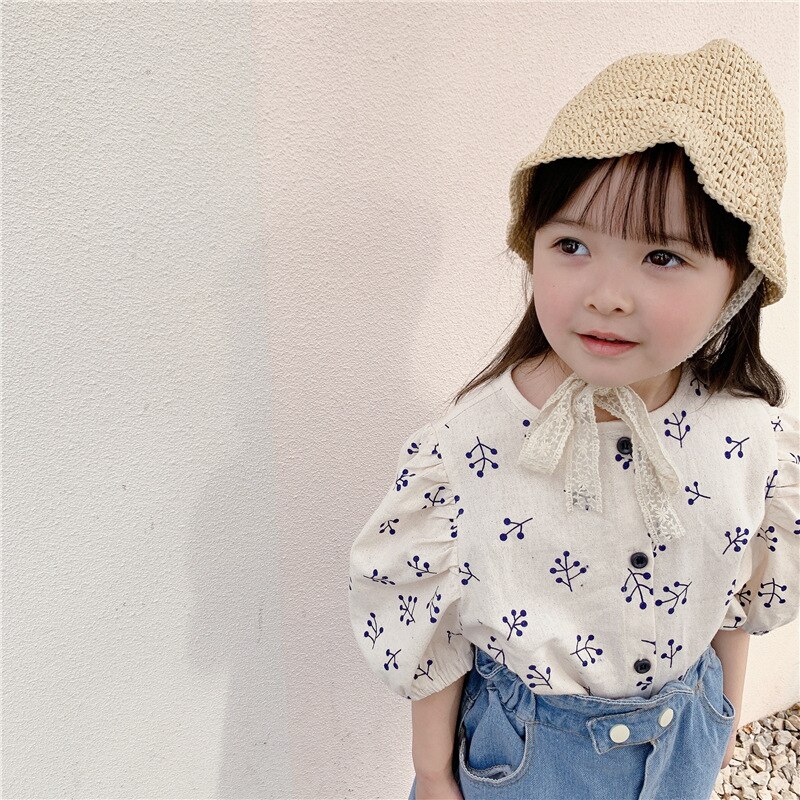 Camisas florales de manga abombada de estilo japonés para niñas, camisa holgada de lino 2022 con estampado de un solo pecho, ropa