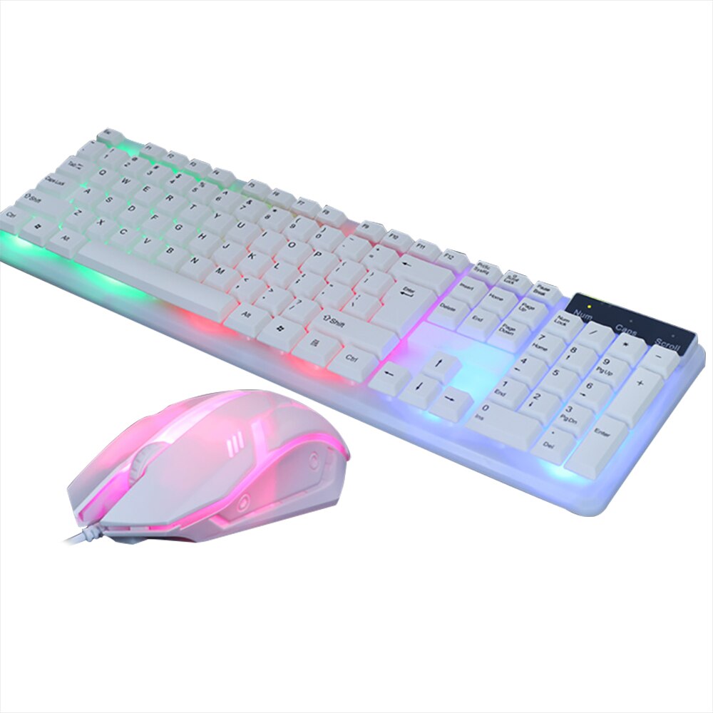 Gaming Keyboard Mouse Colorful LED Illuminated Backlit USB Wired PC Rainbow Set Gamer Gaming Mouse and Keyboard Kit Home Office: White
