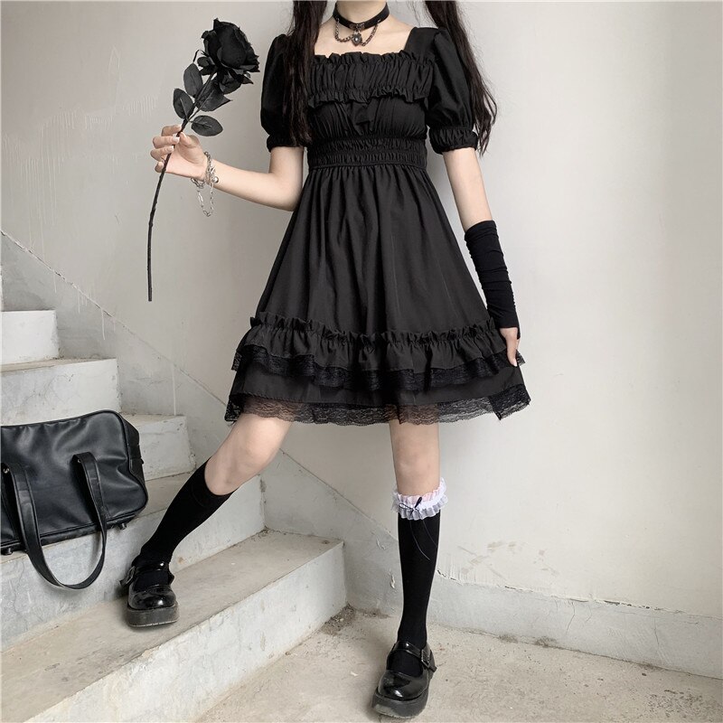 Mujeres japonesas victorianas gótico cuadrado Collar encaje con volantes negro Lolita vestido verano niñas Steampunk Puff manga Mini vestidos