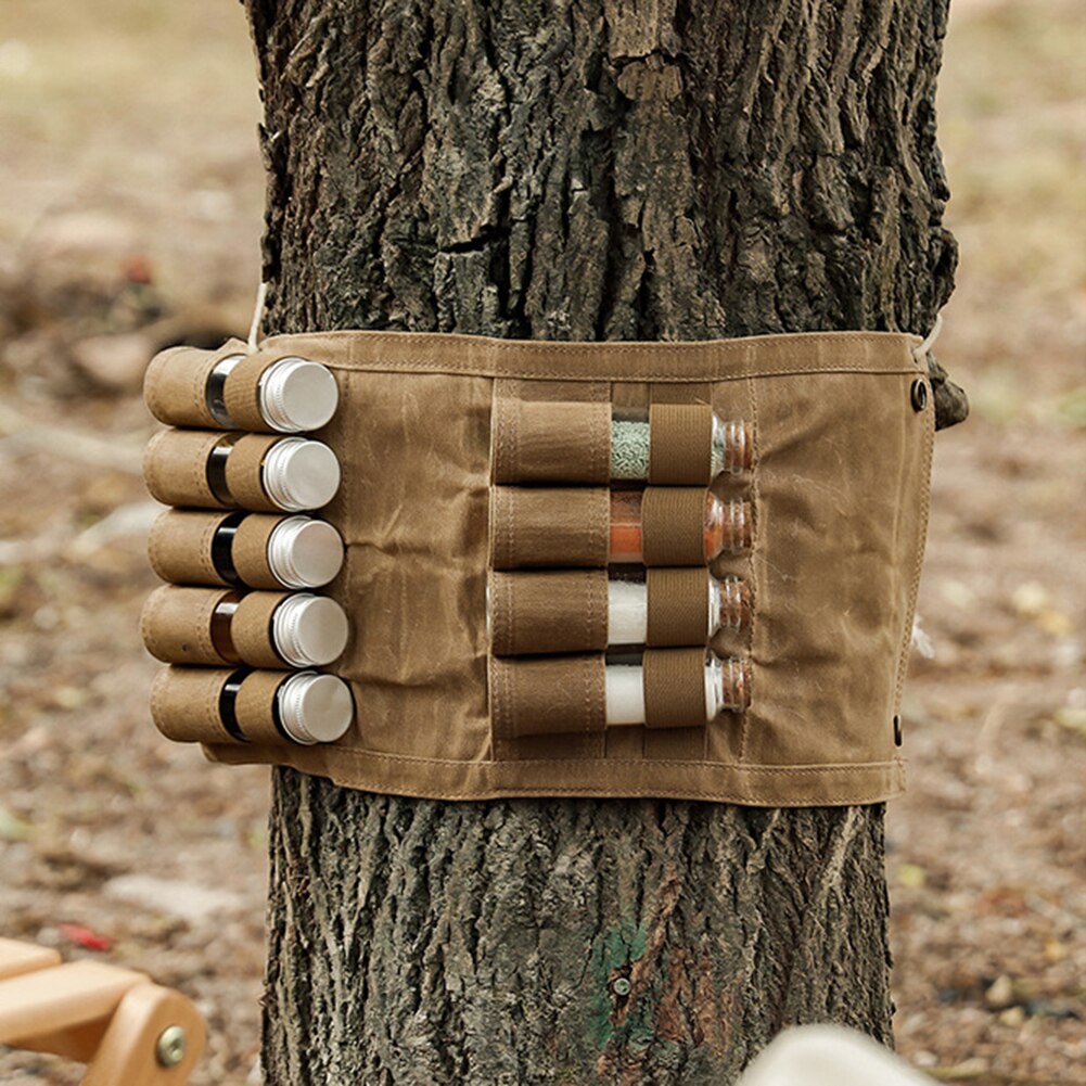 9pcs Outdoor Spice Bottles Set with Storage Bag Folding Wax Canvas Large Capacity Camping Hiking Bushcraft Picnic Crafts Vials