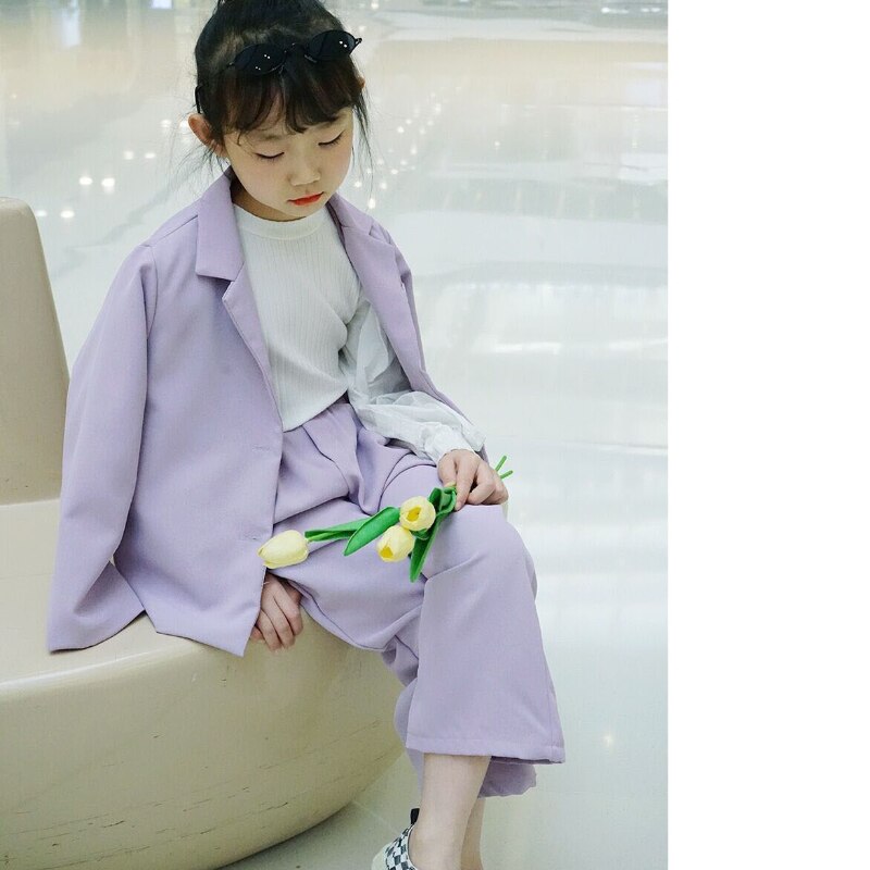 Bléiser-Conjunto de ropa para niños de 3 a 8 años, traje de dos piezas de manga larga, color morado, para primavera y otoño: Morado / 130cm