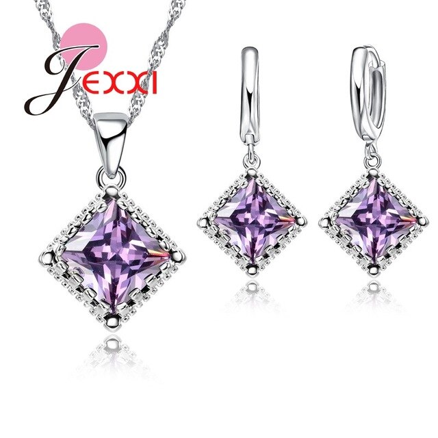 Top Sparkly Vierkante Zirconia Sieraden Set 925 Sterling Zilveren Ketting & Earring Sets Voor Vrouwen Huwelijkscadeau: purple