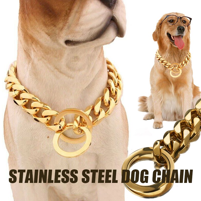 Gold Dog Collar Cuban Link 15mm Width Thick Golden Chain Dog Cat Pets Safety Collar Stainless Steel Pet Dog Accessories