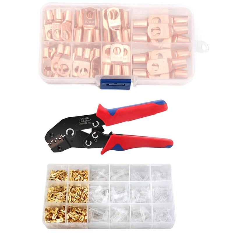 1set Terminals Crimping Tool Kit Spade Connectors Crimper & 140PCS Copper Wire Ring Terminal Lug SC Battery: Default Title