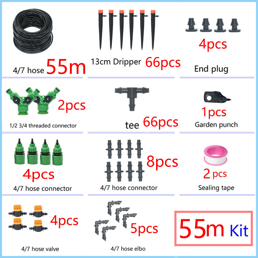 1/4" Hose Drip Irrigation System 360 Degree Adjustable 8 Hole Sprinkler Kit Garden Watering Inserting Ground Micro Flow Dripper: 55M