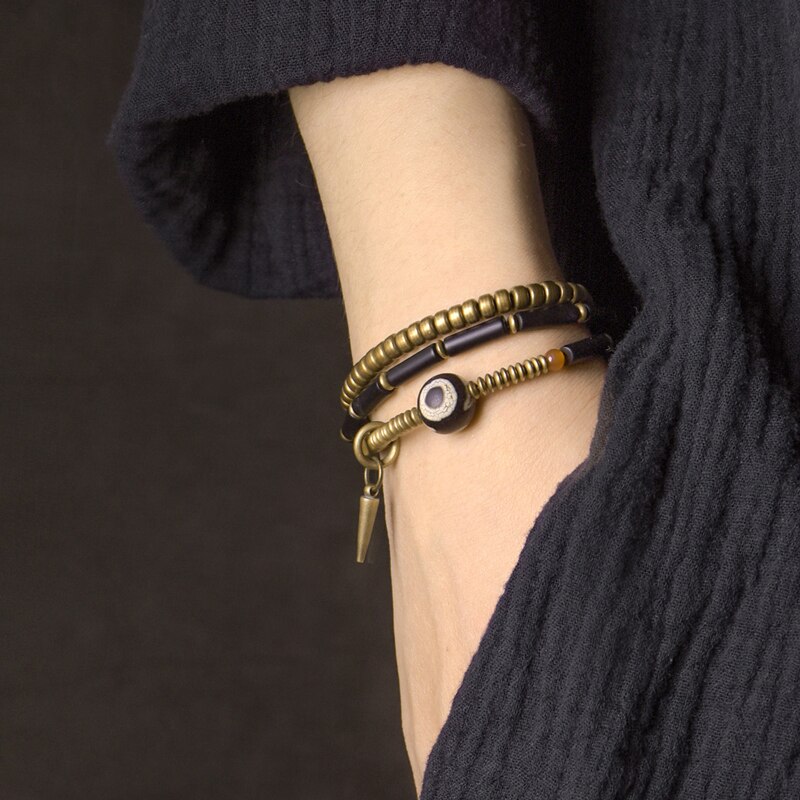 Perline tibetano Nero onice Del Braccialetto dell'annata Trasformati Rame Vajar Zen Gioielli di Guarigione Accessori di Protezione Delle Donne Degli Uomini