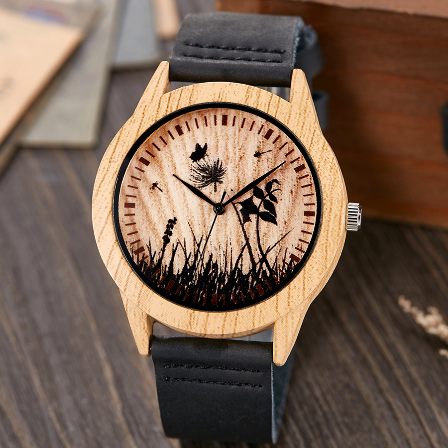 Imitatie houten horloge mannen vrouwen imitatie houten polshorloge zachte leren band mannen kwarts paar pols klok schedel bidsprinkhaan paard uur: Heren zwart horloge