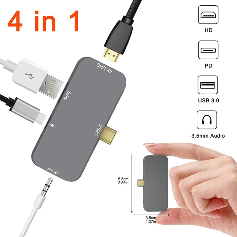 -Mini USB Hub voor IPad Pro-4 in 1 USB C Hub met PD Opladen, 3.5mm Koptelefoonaansluiting, 4K HDMI, USB 3.0 voor MacBook Pro 20