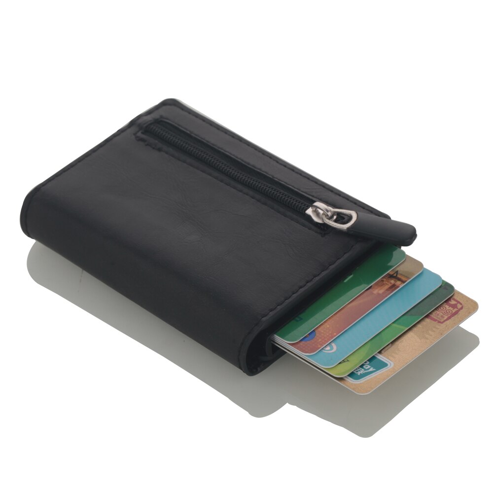 Porta tarjetas de crédito antirrobo para hombre, billetera de cuero Rfid con bloqueo, tarjetero metálico de aluminio Unisex con información de seguridad