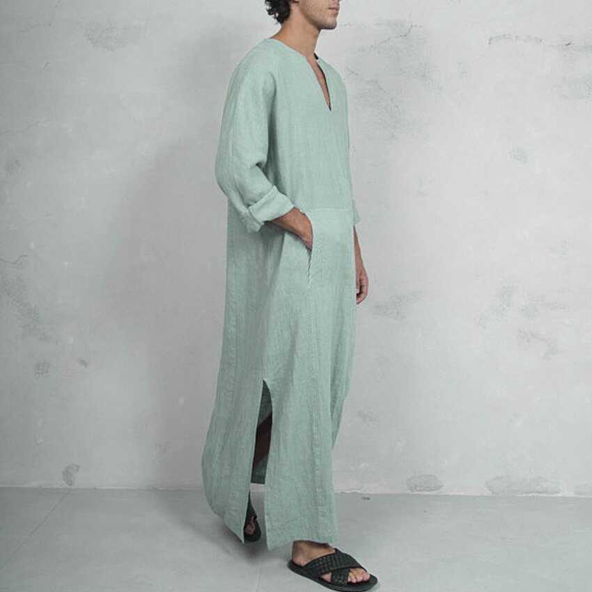 Mannen V-hals Moslim Traditionele Thobe Gewaad Side Split Islamitische Kleding Effen Linnen Ademend Arabische Dubai Turkse Kaftan