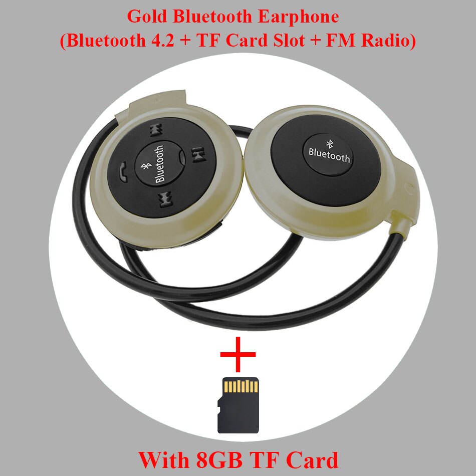 HOMEBARL 3D Mini 503 Mini503 Bluetooth 4.2 FM Headset Sport Wireless Headphones Music Stereo Earphones + 8GB 16GB Micro SD Card: Gold Add 8GB Card