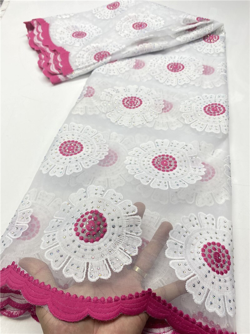 Latest Embroidery French Tulle Lace Fabric With Stones Pure White African Lace Fabric For Wedding Party Sewing YA3652B-2: Picture 6