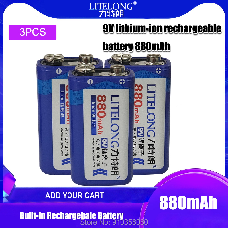 9v 880mAh LITELONG SUPER BIG li-ion lithium Rechargeable 9 Volt Battery Manufacturer's warranty: black