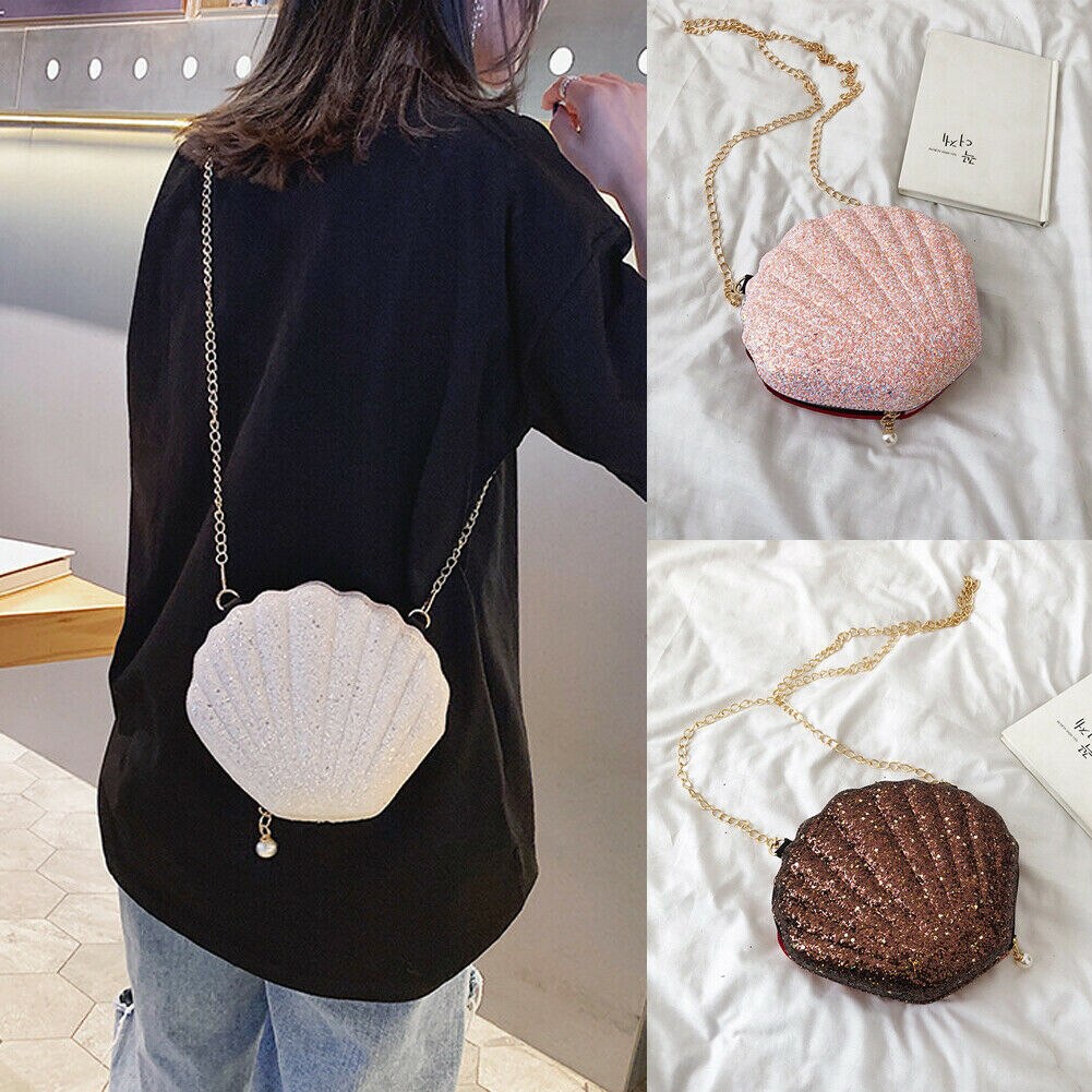 Vrouwen Meisje Glitter Sequine Shell Vorm Messenger Bags Dame Zomer Strand Pu Handtas Cross Body Schoudertas portemonnee